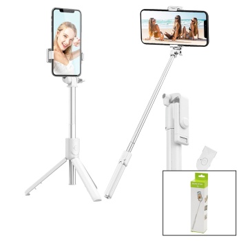 BEYAZ  SELFİ ÇUBUK - TRİPOD AYAKLI  57CM UZAYAN-KISALAN SAPLI + 10CM =67CM (5343)