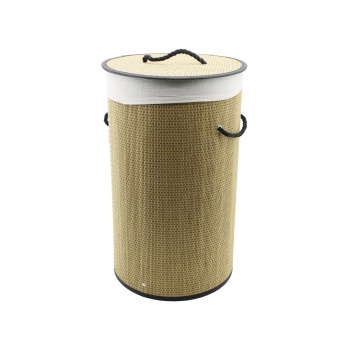 YUVARLAK HASIR - AHŞAP KİRLİ ÇAMAŞIR SEPETİ 37X60CM SEYYAR KAPAKLI İÇİ BEZLİ İP KULPLU (5343)