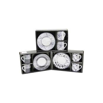 SİYAH - BEYAZ 4PCS=2-TAKIM  PORSELEN KAHVE FİNCANI  ÇİÇEK - ÇİZGİ - NOKTA MİX DESEN (5343)