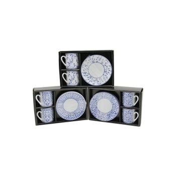MAVİ - BEYAZ 4PCS=2-TAKIM  PORSELEN KAHVE FİNCANI  ÇİÇEK - ÇİZGİ - NOKTA MİX DESEN (5343)