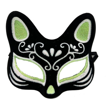 Siyah Renk Süet Kaplama Üzeri Gümüş Yeşil Simli Kedi Maskesi 17x14 cm (5343)