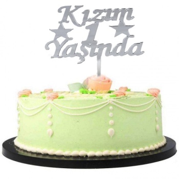 Kızım 1 Yaşında İlk Yaş Doğum Günü Partisi Pleksi Pasta Süsü Gümüş Renk (5343)