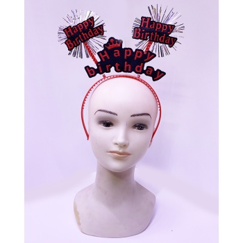 Happy Birthday Yazılı Püsküllü Neon Kırmızı Renk Doğum Günü Tacı 22x19 cm (5343)