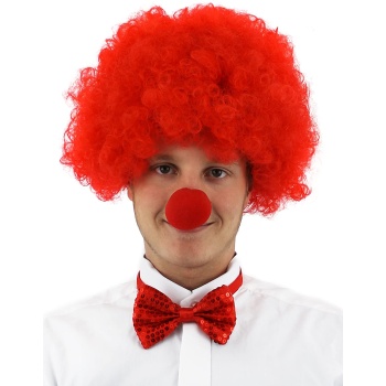 Kırmızı Renk Kıvırcık Afro Bonus Peruk Takma Saç ve Kırmızı Burun Seti (5343)