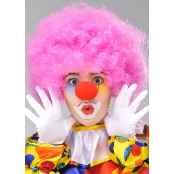 Pembe Renk Kıvırcık Afro Bonus Peruk Takma Saç ve Kırmızı Burun Seti (5343)