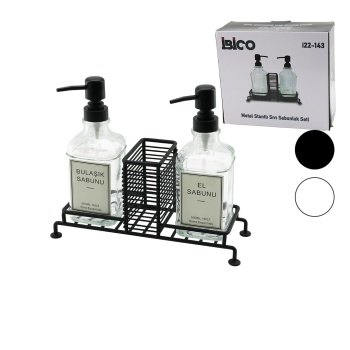 3 PCS METAL STANDLI - CAM SIVI SABUNLUK SETİ SÜNGERLİK (5343)