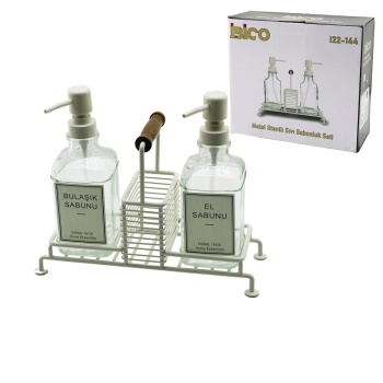 3 PCS METAL STANDLI - CAM SIVI SABUNLUK SETİ AHŞAP TUTMALI - SÜNGERLİK (5343)