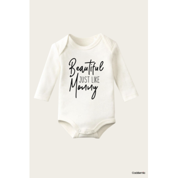 Beautiful Jus Like Mommy Yazı Temalı Baskılı Pamuklu Uzun Kollu Çıtçıtlı Bebek Body Zıbın Atlet Tulum