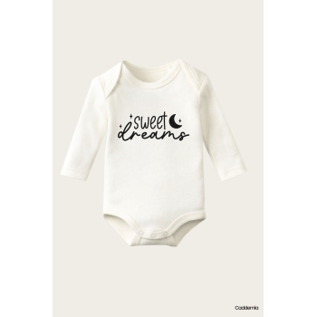 Sweet Dreams Yazı Temalı Baskılı Pamuklu Uzun Kollu Çıtçıtlı Bebek Body Zıbın Atlet Tulum