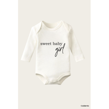 Sweet Baby Girl Yazı Temalı Baskılı Pamuklu Uzun Kollu Çıtçıtlı Bebek Body Zıbın Atlet Tulum