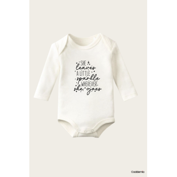 She A Little Wherever Yazı Temalı Baskılı Pamuklu Uzun Kollu Çıtçıtlı Bebek Body Zıbın Atlet Tulum