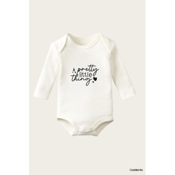 Pretty Little Thing Yazı Temalı Baskılı Pamuklu Uzun Kollu Çıtçıtlı Bebek Body Zıbın Atlet Tulum