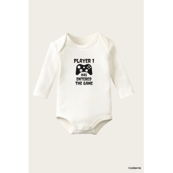 Player One Yazı Temalı Baskılı Pamuklu Uzun Kollu Çıtçıtlı Bebek Body Zıbın Atlet Tulum