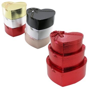 3PCS KALP PARLAK MİX RENKLİ - KABARTMA DESEN KARTON HEDİYE KUTUSU KURDELALI 31X28-27X24-23X20CM (5343)