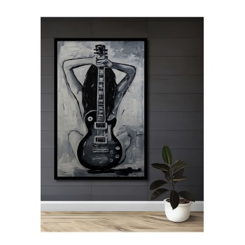 Çerçeve Görünümlü Dekoratif Ahşap Kare Gitar Ve Kadın Tablosu Ev/Ofis/İşyeri Tablo