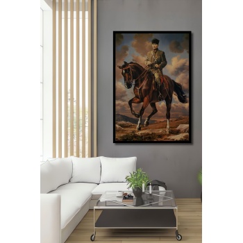 Çerçeve Görünümlü Dekoratif Ahşap Kare Atatürk Ata Binmiş Tablosu Ev/Ofis/İşyeri Tablo