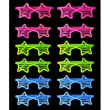 Retro Neon Fosforlu Yıldız Panjur Gözlük 12 Adet – 80’ler 90’lar Parti Stili (5343)
