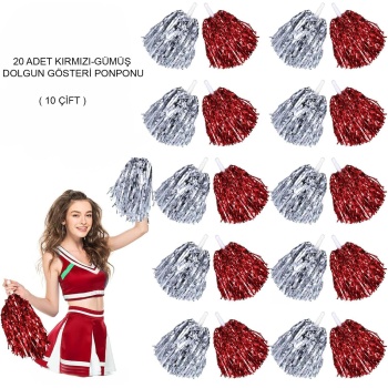 Kırmızı Gümüş Metalik Dolgun Gösteri Ponponu 20 Adet (10 Çift) (5343)