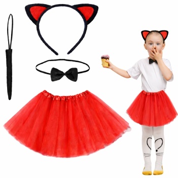Kırmızı Renk Etekli Kedi Kostüm Seti (Tütü, Taç, Papyon, Kuyruk) (5343)