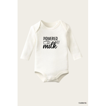 Powered By Milk Yazı Temalı Baskılı Pamuklu Uzun Kollu Çıtçıtlı Bebek Body Zıbın Atlet Tulum