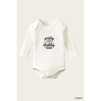 Pretty Eyes Yazı Temalı Baskılı Pamuklu Uzun Kollu Çıtçıtlı Bebek Body Zıbın Atlet Tulum