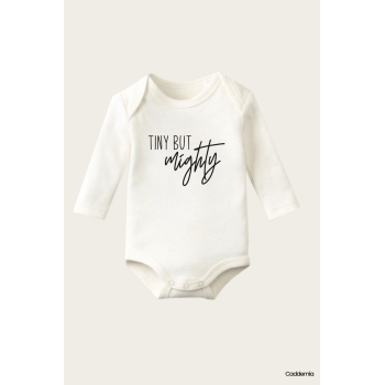 Tiny But Mightly Yazı Temalı Baskılı Pamuklu Uzun Kollu Çıtçıtlı Bebek Body Zıbın Atlet Tulum