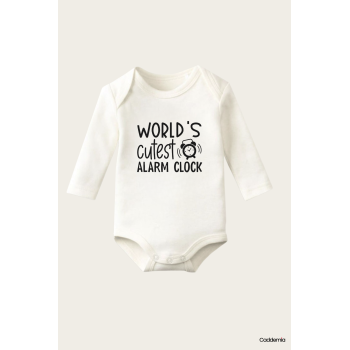 Worlds Cutest Alarm Clock Yazı Temalı Baskılı Pamuklu Uzun Kollu Çıtçıtlı Bebek Body Zıbın Atlet Tulum