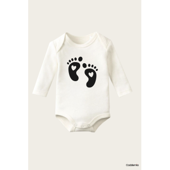 Minik Bebek Ayağı Temalı Baskılı Pamuklu Uzun Kollu Çıtçıtlı Bebek Body Zıbın Atlet Tulum
