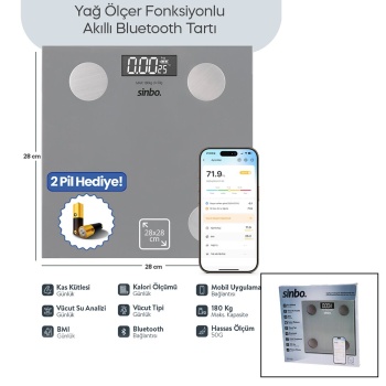 GRİ YAĞ ÖLÇER AKILLI BLUETOOTH CAM BASKÜL PİLLİ 180KG/50GR 28X28CM 8-KİŞİ HAFIZA LCD EKRAN ℃ GÖSTERGE SBS-4469 (5343)