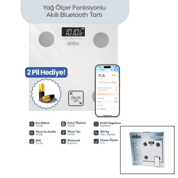 BEYAZ YAĞ ÖLÇER AKILLI BLUETOOTH CAM BASKÜL PİLLİ 180KG/50GR 26X26CM 8-KİŞİ HAFIZA LCD EKRAN ℃ GÖSTERGE SBS-4472 (5343)