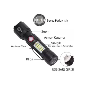 WS-2828 Ultra USB Şarjlı Polis El Feneri, Bekçi, Asker El Feneri Kırmızı Mavi Çakarlı 1000 Lümen (5343)