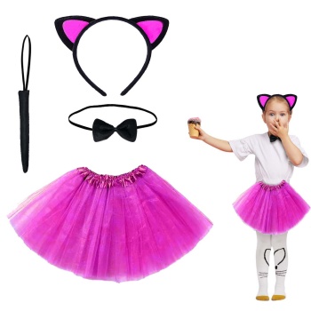 Fuşya Renk Etekli Kedi Kostüm Seti (Tütü, Taç, Papyon, Kuyruk) (5343)
