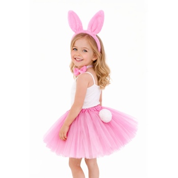 Kız Çocuk Tamamen Pembe Tavşan Kulaklı Kostüm Seti – Tütü Etekli 4 Parça (5343)