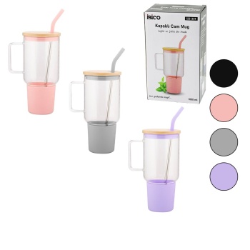 CAM 1000ML MATARA - SULUK BAMBU KAPAK - SIZDIRMAZ SİLİKONLU ÇELİK PİPET KORUYUCU SİLİKON ALTLIK - KILIF (5343)