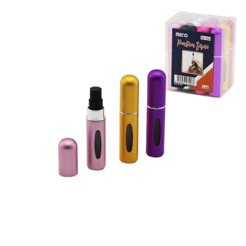 12 ADET MİNİ=CEP - ÇANTA BOY BOŞ SPREY PARFÜM ŞİŞESİ 5ML RENKLİ PLS. SEVİYE PENCERELİ (5343)