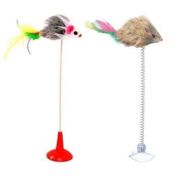 2&amp;apos;li Vantuzlu Fareli Tüylü Hareketli Çanlı ve Esneyen Eğlenceli Peluş Kedi Oyuncağı (5343)