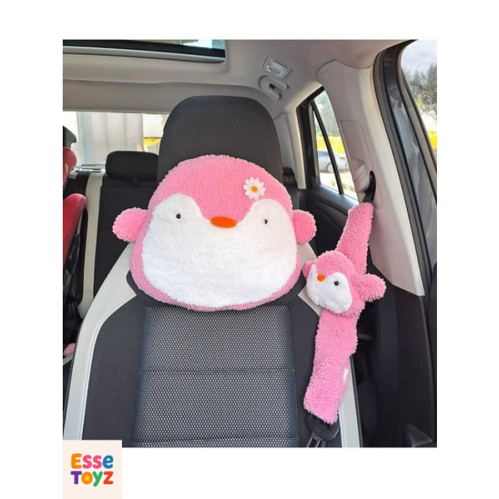 Pembe Neşeli Penguen Araba Yastığı ve Emniyet Kemeri Kılıfı İkili Set – Sevimli ve Konforlu Seyahat Aksesuarı