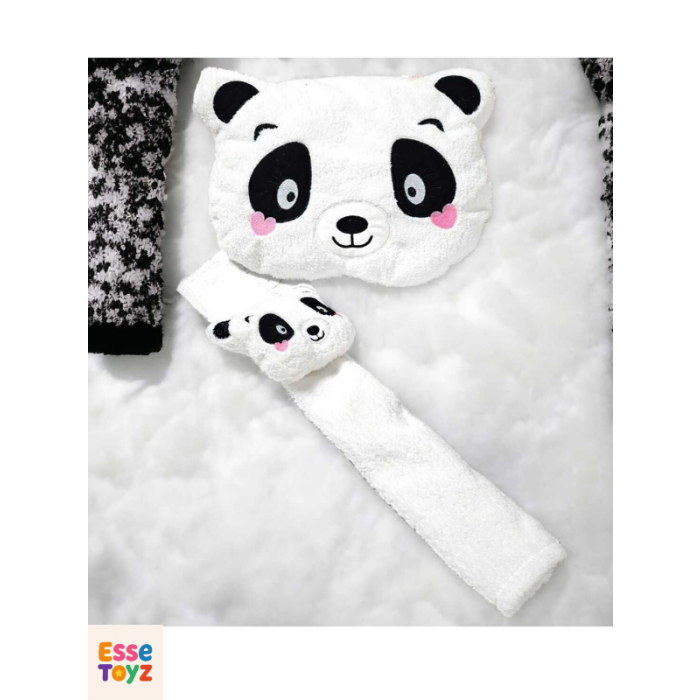 Neşeli Panda Araba Yastığı ve Emniyet Kemeri Kılıfı İkili Set – Sevimli ve Konforlu Seyahat Aksesuarı