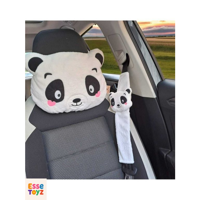 Neşeli Panda Araba Yastığı ve Emniyet Kemeri Kılıfı İkili Set – Sevimli ve Konforlu Seyahat Aksesuarı