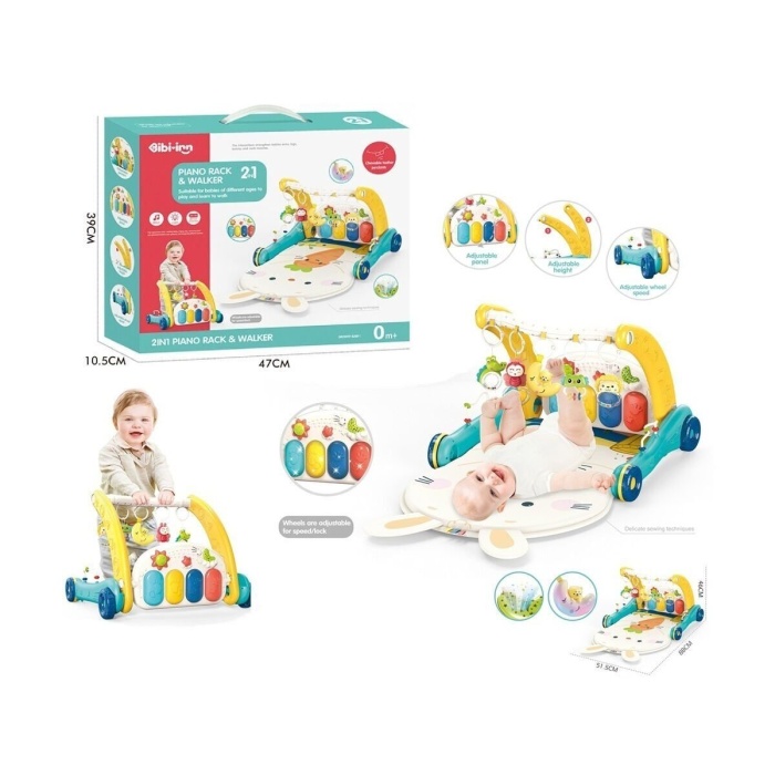BIB6015 -Vardm Piyanolu 2 in 1 Bebek Yürüteci ve Tavşan Desenli Mavi Oyun Halısı