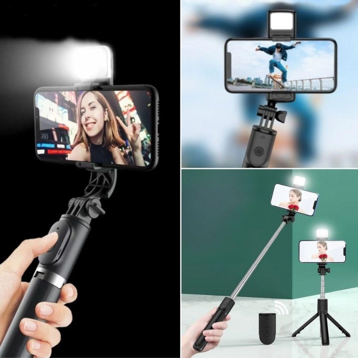 Kendiliğinden Işıklı Masaüstü Tripod Olabilen Telefon Tutuculu Kablosuz Kumandalı Selfie Çubuğu (5343)