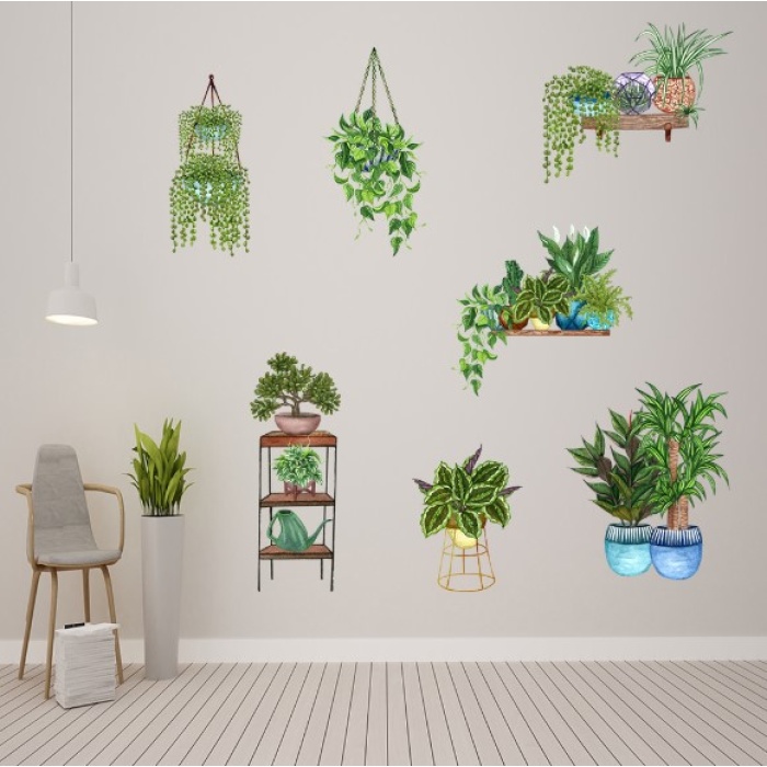 Saksılı Çiçek Tasarımlı Yapışkanlı Sticker (5343)