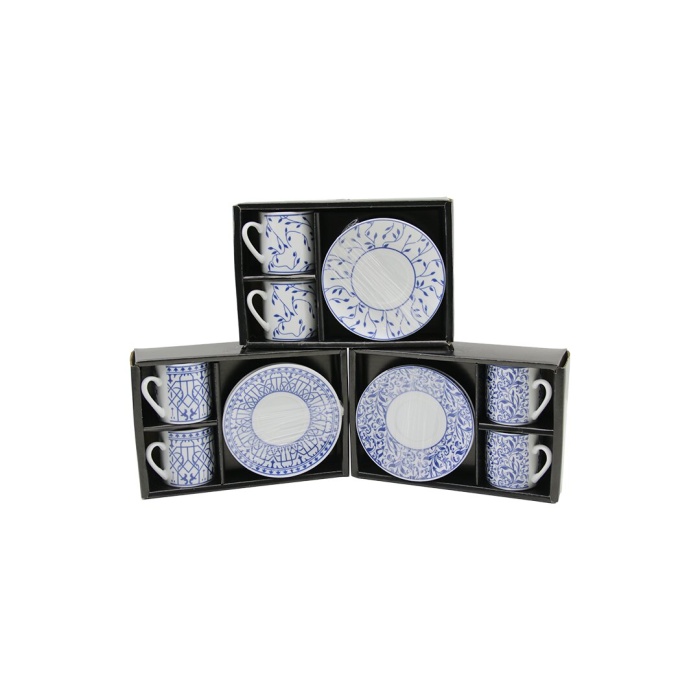 MAVİ - BEYAZ 4PCS=2-TAKIM  PORSELEN KAHVE FİNCANI  ÇİÇEK - ÇİZGİ - NOKTA MİX DESEN (5343)