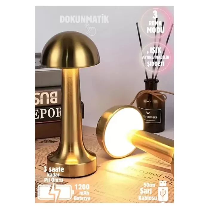 Forlife Dekoratif Şarjlı LED Mantar Masa Lambası Gold FL-8055 (5343)