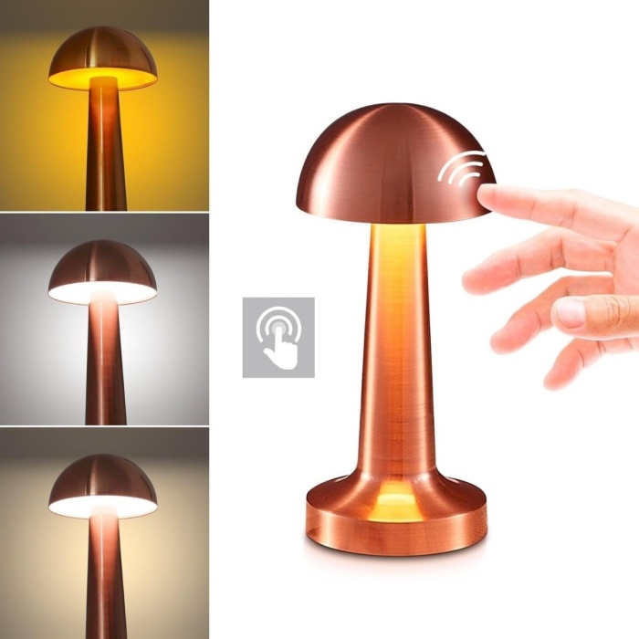 Mantar Model Bronz Renk Şarjlı Dokunmatik 3 Renkli LED Masa Lambası (5343)