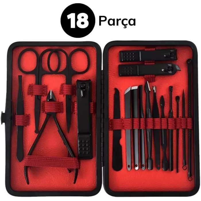 18 Parça Manikür Pedikür Set Kutusu Çelik Deri Çantalı Bakım Seti (5343)