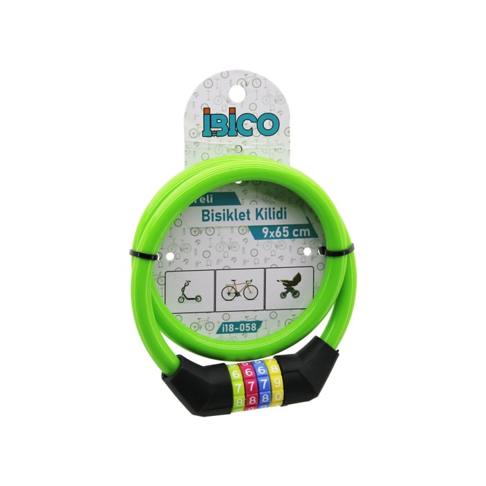 ŞİFRELİ İNCE BİSİKLET KİLİT ÇELİK TEL YEŞİL RENKLİ KILIF 9MMX65CM (5343)