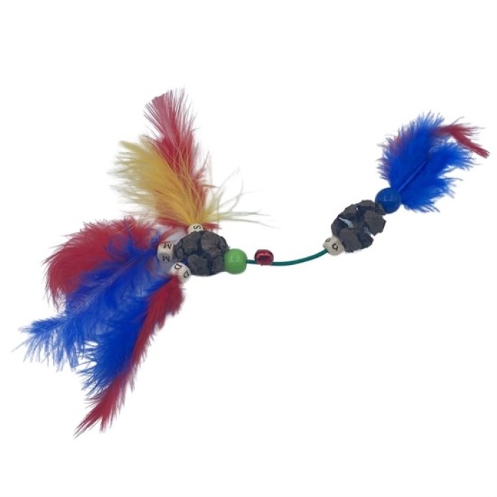 Tüylü Tahta Boncuklu Zilli Kedi Oyuncağı Çok Renkli Kedi Oyuncak (5343)