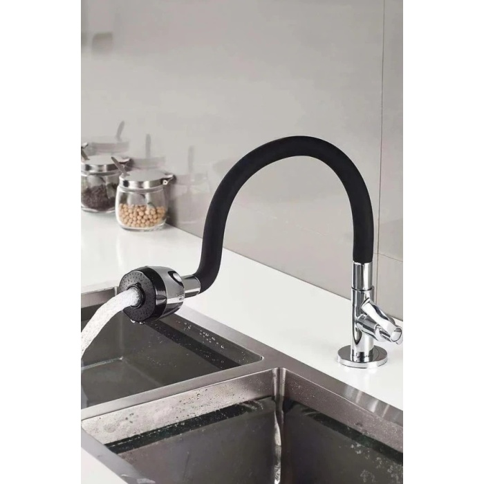 Renkli Silikonlu Oynar Başlıklı 2 Fonksiyonlu Spiral Musluk Başlığı - Siyah (5343)