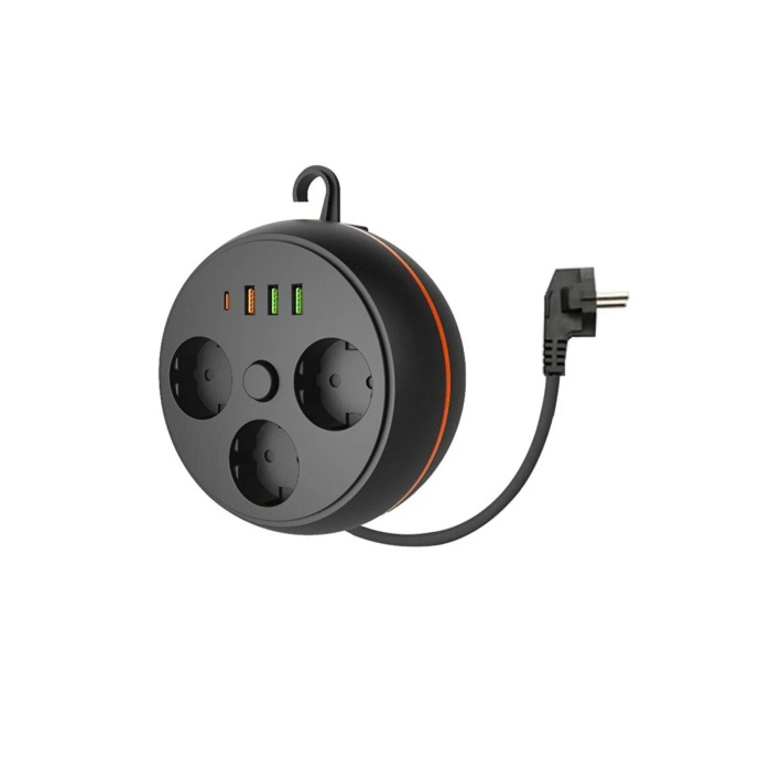 3 Adet Soket,3 Adet USB ve 1 Adet Type-C Girişli Termal Akım Korumalı Makaralı Priz 3395 (5343)